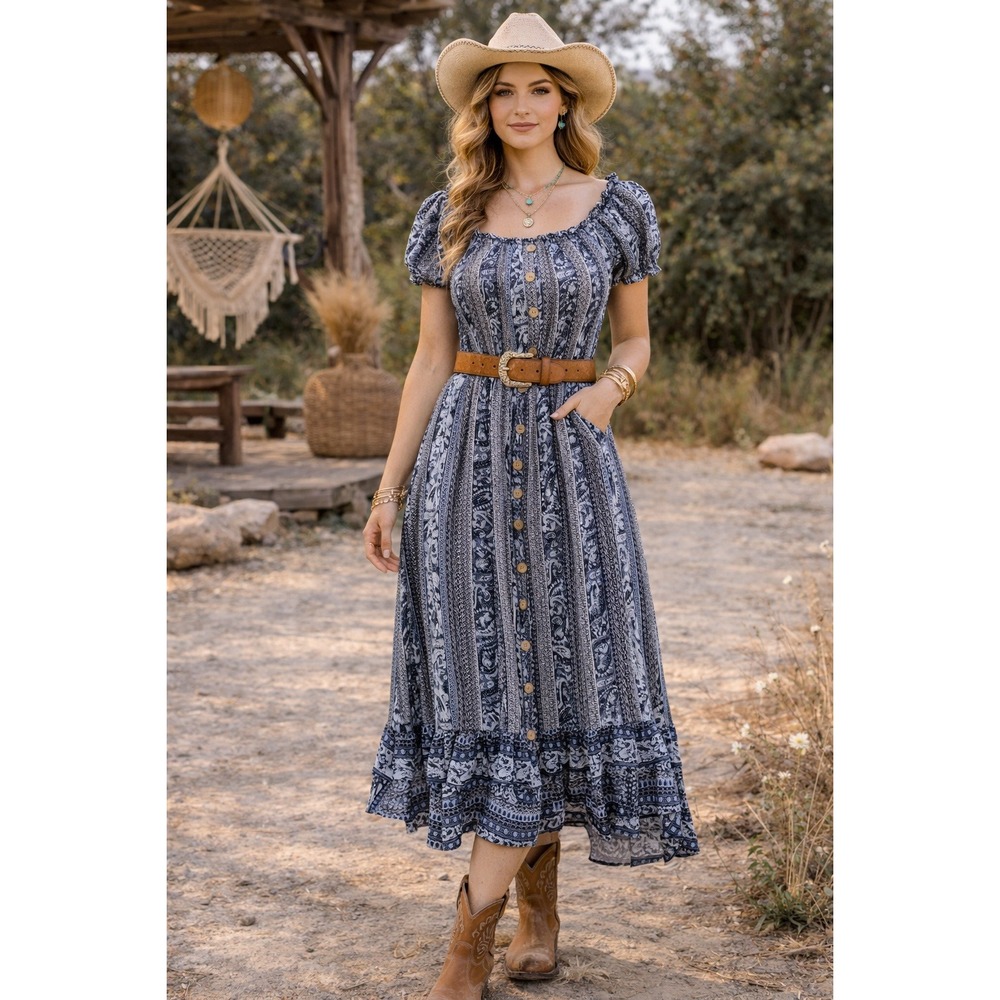 Boho‎ Milkmaid Cottagecore Summer Western Blue Paisley High Low Button S Dress